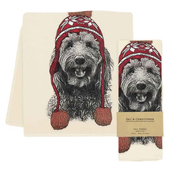 Holiday Labradoodle with Hat Tea Towel