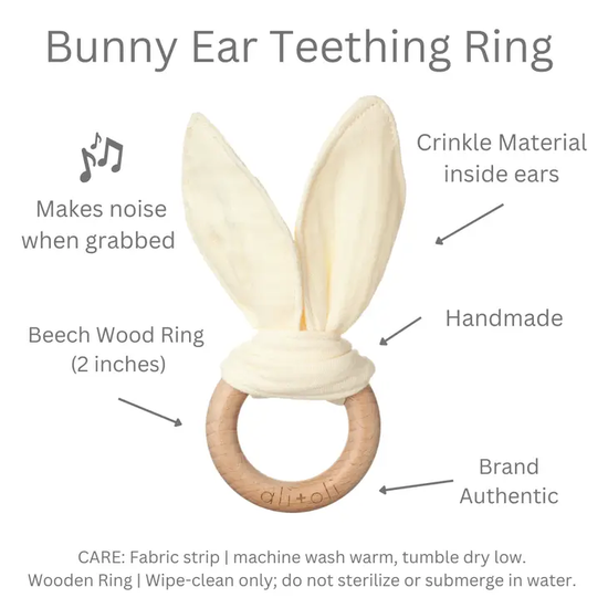 Crinkle Bunny Ears Wooden Ring Teething Toy for Baby (Beige)